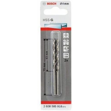 PUNTA DA TRAPANO PER METALLO ORIGINALE HSS-G DIN338: 4 X 43 X 75: 2 UDS - BOSCH 2608585916 product photo Photo 01 3XL