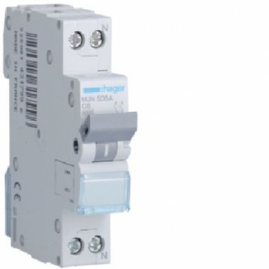 INTERRUTTORE AUTOMATICO MAGNETOTERMICO 1P+N 6A 4.5KA C 1 MODULO - HAGER MJN506A product photo Photo 01 3XL