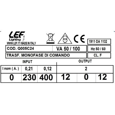 TRASF.MONOF.COMANDO 50VA 230-400V/12-0-12V - LEF Q005C24 product photo Photo 05 3XL