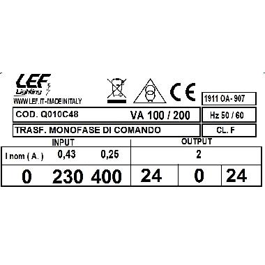 TRASF.MONOF.COMANDO 100VA 230-400V/24-0-24V - LEF Q010C48 - LEF Q010C48 product photo Photo 03 3XL