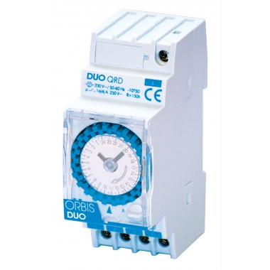 INTERRUTTORE ORARIO ELETTROMECCANICO 2 MODULI DIN GIORNALIERO RISERVA 150 ORE 230V - ORBIS DUOQRD product photo Photo 01 3XL