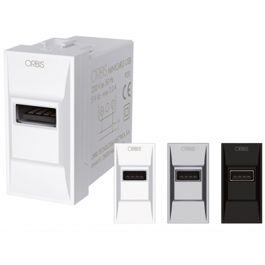 ALIMENTATORE USB DA INCASSO 5VDC - 2.1A MAX CON FORNTALINI BIANCO ANTRACITE E ALLUMINIO INTERCAMBIABILI 1 MODULO DIN 230V - ORBIS MINICARGUSB product photo Photo 01 3XL