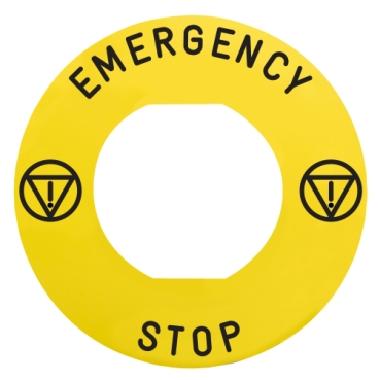 Etichetta con marcatura, Harmony XB4, Harmony XB5, giallo, 60mm, per arresto di emergenza, marcatura EMERGENCY STOP/logo ISO13850 - SCHNEIDER ELECTRIC ZBY9330M product photo Photo 01 3XL