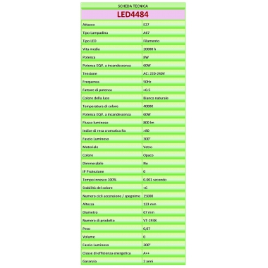 LAMPADA LED FILAMENTO E27 GOCCIA A67 E27 SATINATA 8W LUCE NATURALE TIPO 4484 product photo Photo 03 3XL