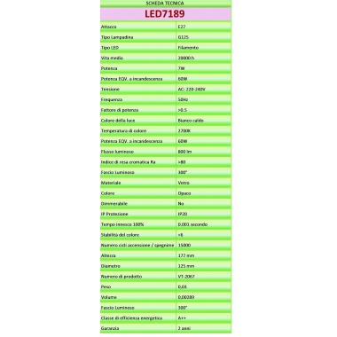 LAMPADA LED FILAMENTO E27 GLOBO G125 SATINATA 7W LUCE CALDA TIPO 7189 product photo Photo 03 3XL