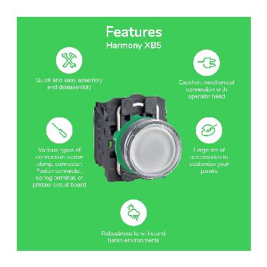 Harmony XB5, pulsante luminoso verde Antimicrobico D.30 filopannello, ad impulso, plastica, LED universale, 24Vac/dc, NO+NC - SCHNEIDER ELECTRIC XB5FW33B5 product photo Photo 02 3XL