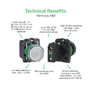 Harmony XB5, pulsante luminoso verde Antimicrobico D.30 filopannello, ad impulso, plastica, LED universale, 24Vac/dc, NO+NC - SCHNEIDER ELECTRIC XB5FW33B5 product photo Photo 03 3XL